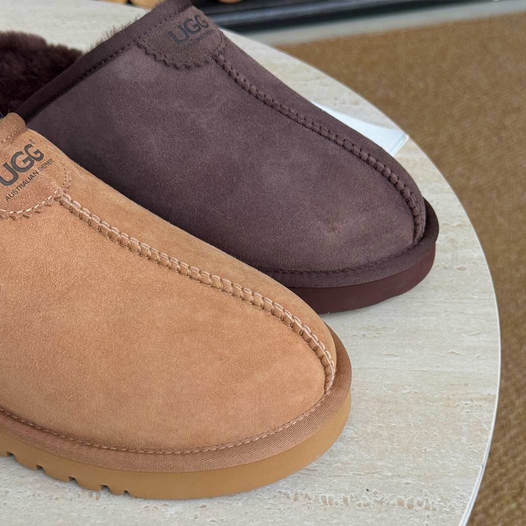 Side view of AUSTRALIAN SHEPHERD® UGG Men Sheepskin Wool Scuff Slippers Braven AS 2141 in Chestnut featuring premium suede and warm sheepskin wool lining.