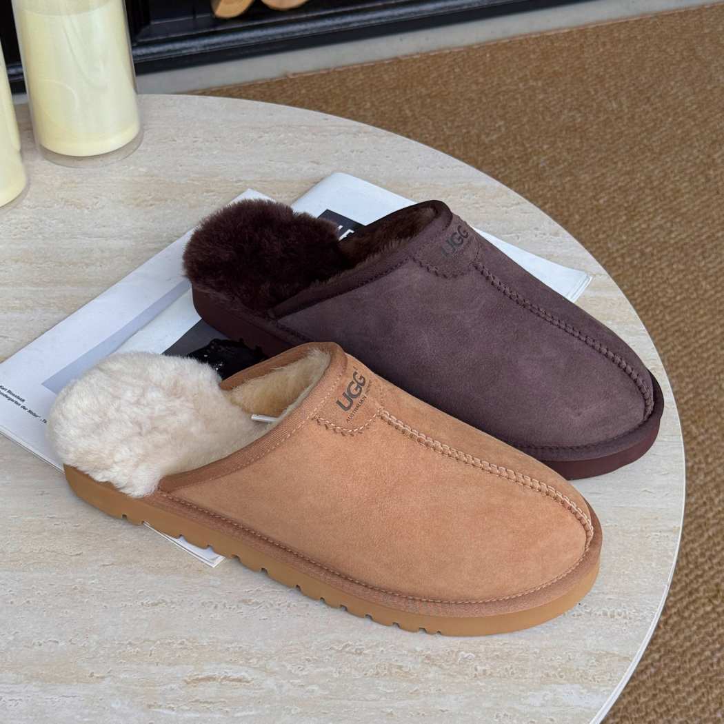 Colour options of AUSTRALIAN SHEPHERD® UGG Men Sheepskin Wool Scuff Slippers Braven AS 2141 in Chestnut and Chocolate with soft Australian sheepskin wool lining.