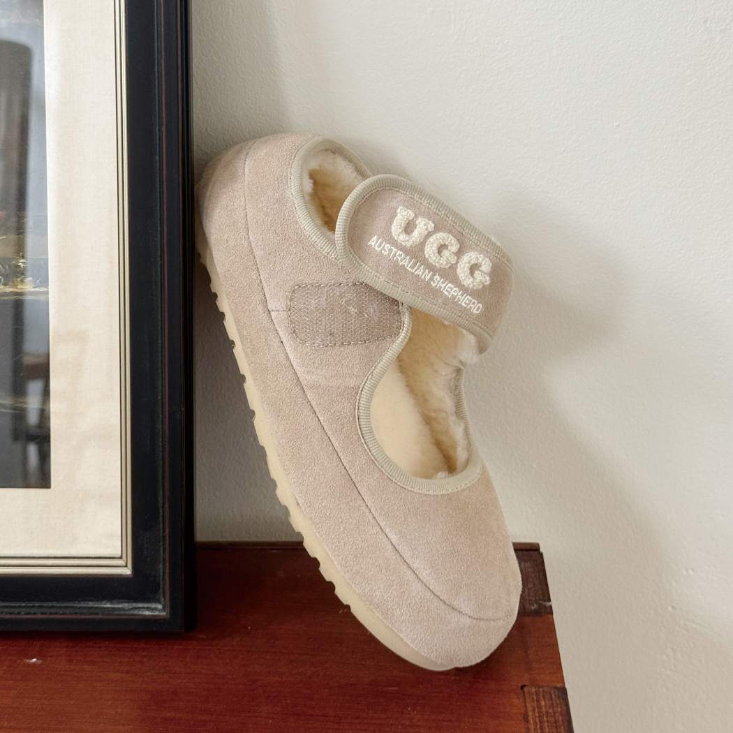 Close-up of AUSTRALIAN SHEPHERD UGG Sheepskin Wool Mary Jane Slippers Velvi AS 7024 in Beige highlighting the adjustable strap and soft wool lining.