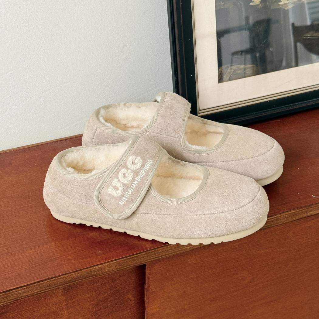 Front view of AUSTRALIAN SHEPHERD UGG Sheepskin Wool Mary Jane Slippers Velvi AS 7024 in Beige with genuine Australian sheepskin wool lining.