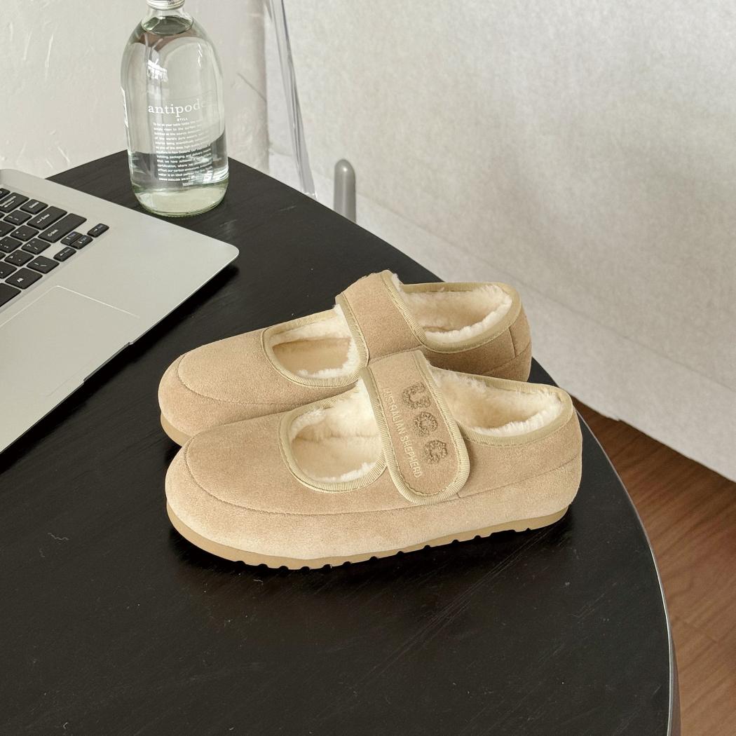Side view of AUSTRALIAN SHEPHERD UGG Sheepskin Wool Mary Jane Slippers Velvi AS 7024 in Beige with a lightweight flexible sole.