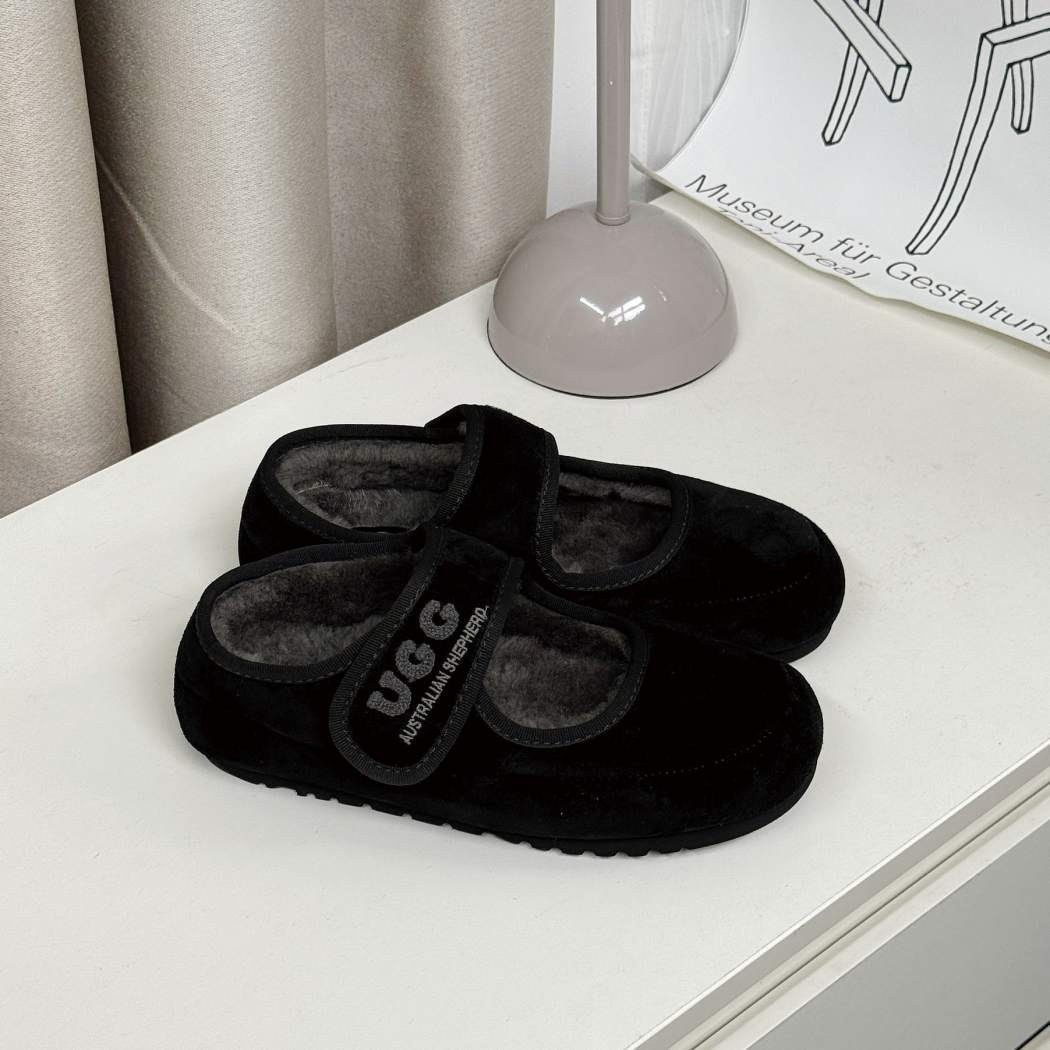 Pair of AUSTRALIAN SHEPHERD UGG Sheepskin Wool Mary Jane Slippers Velvi AS 7024 in Black with premium suede upper and cosy sheepskin wool lining.