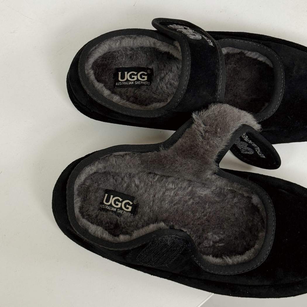 Side profile of AUSTRALIAN SHEPHERD UGG Sheepskin Wool Mary Jane Slippers Velvi AS 7024 in Black with a lightweight flexible outsole and premium suede finish.