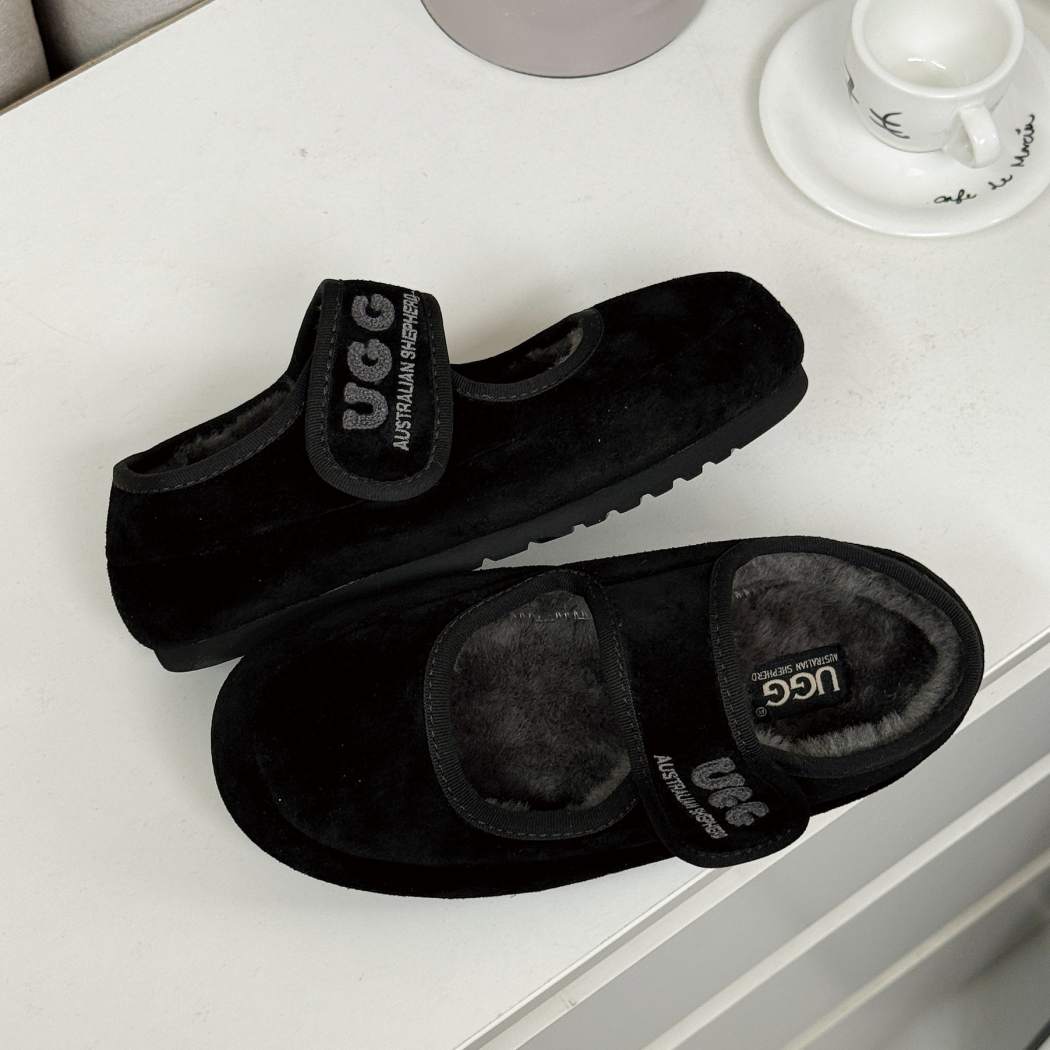 Top view of AUSTRALIAN SHEPHERD UGG Sheepskin Wool Mary Jane Slippers Velvi AS 7024 in Black featuring an adjustable strap and warm sheepskin wool interior.