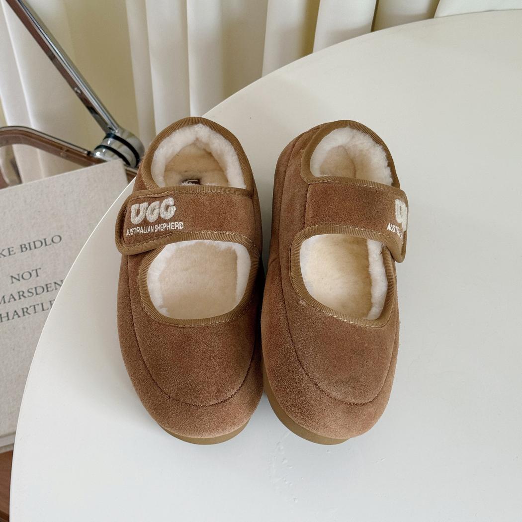 Front view of AUSTRALIAN SHEPHERD UGG Sheepskin Wool Mary Jane Slippers Velvi AS 7024 in Brown featuring an adjustable strap and plush wool lining.