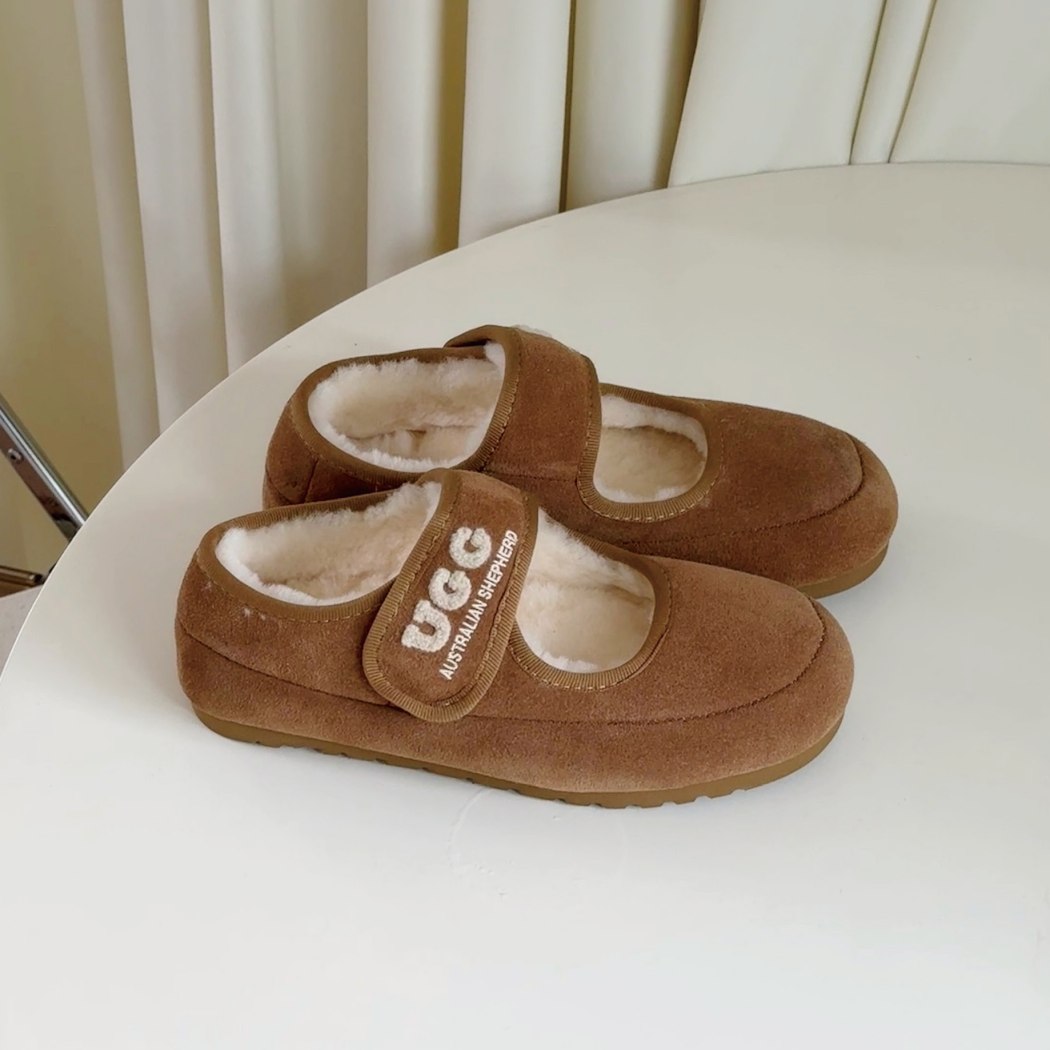 Top view of AUSTRALIAN SHEPHERD UGG Sheepskin Wool Mary Jane Slippers Velvi AS 7024 in Chestnut with premium suede upper and soft sheepskin wool lining.