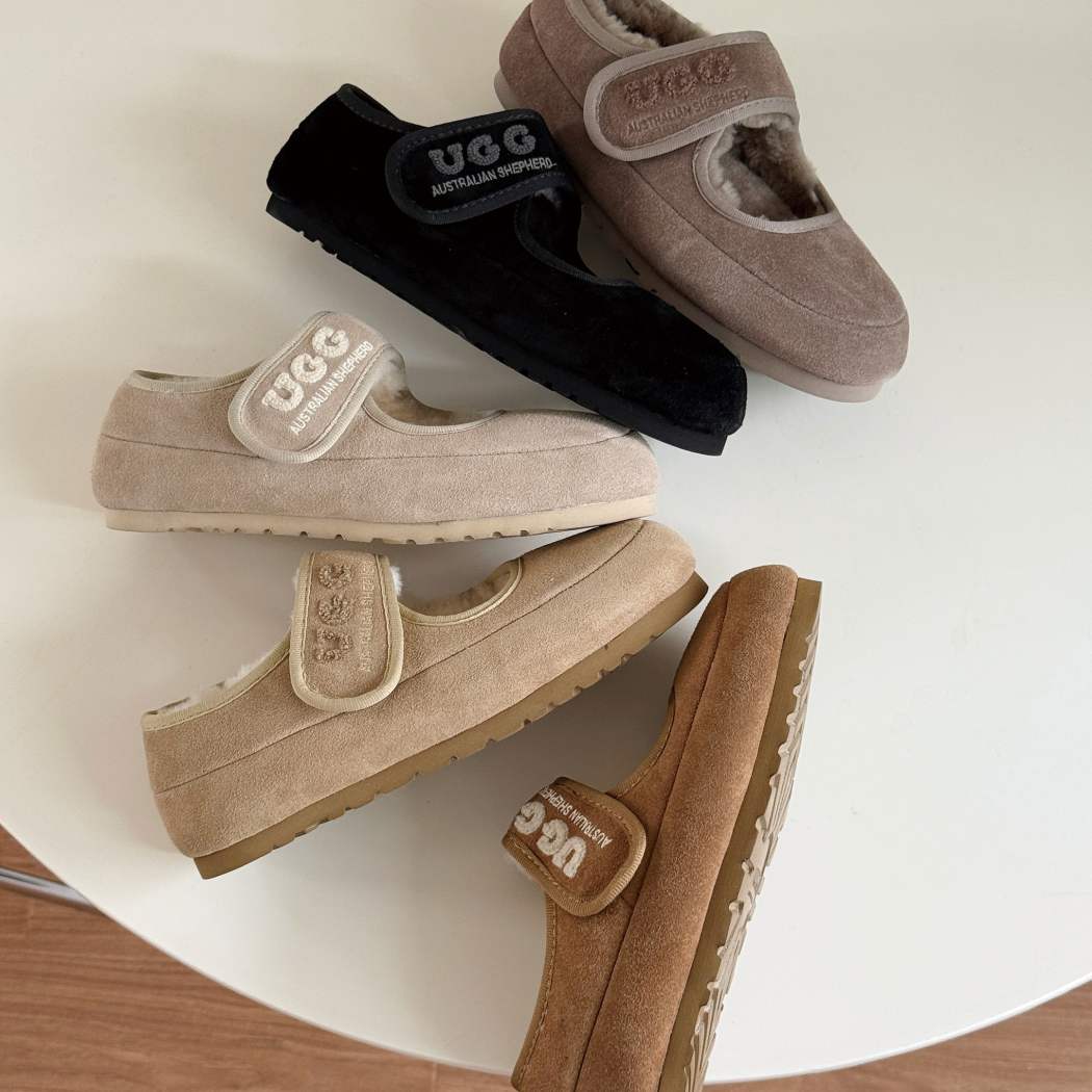 Display of AUSTRALIAN SHEPHERD UGG Sheepskin Wool Mary Jane Slippers Velvi AS 7024 in Black, Beige, and Sand colour options.