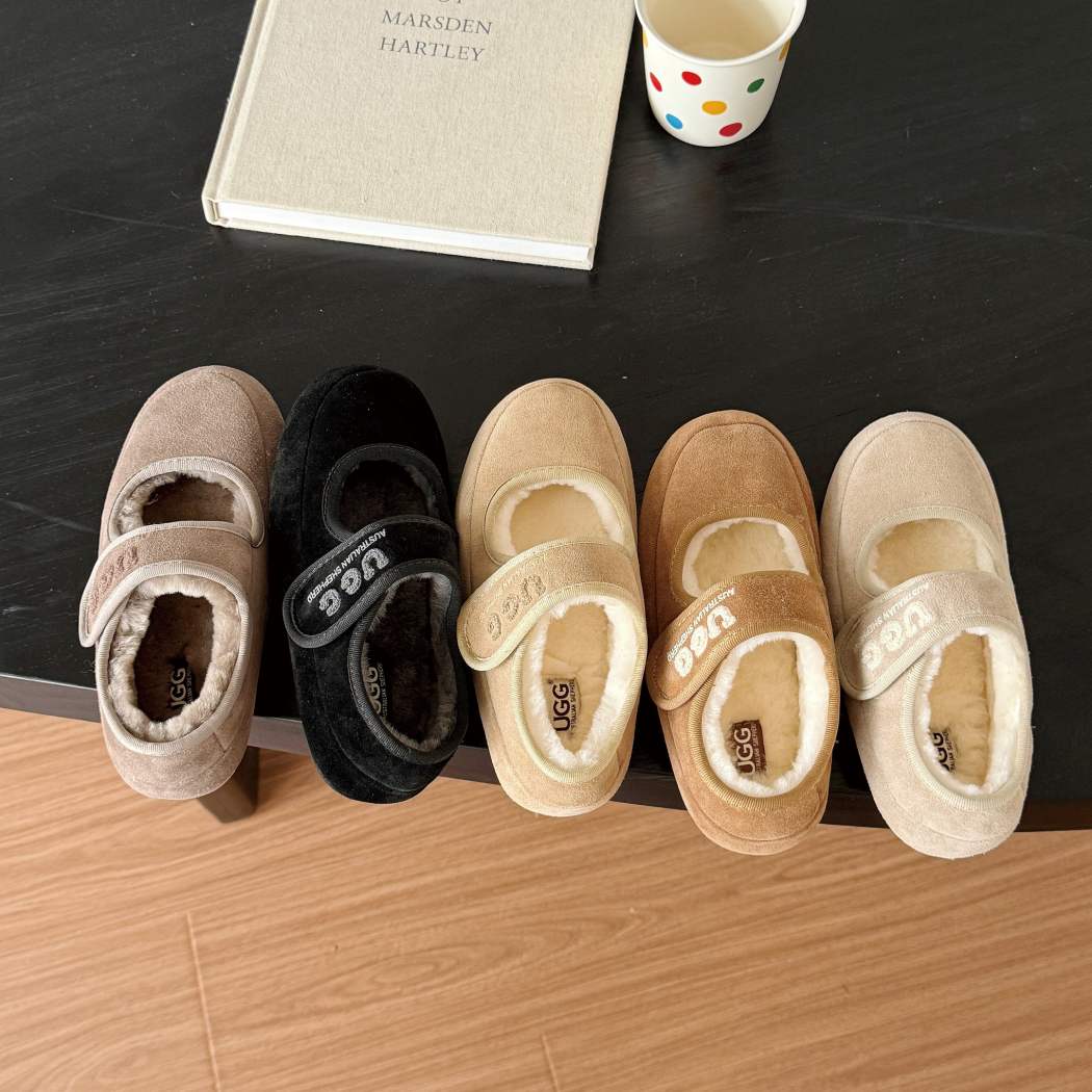 Colour options of AUSTRALIAN SHEPHERD UGG Sheepskin Wool Mary Jane Slippers Velvi AS 7024 in Beige, Chestnut, Black, Sand, and Brown.