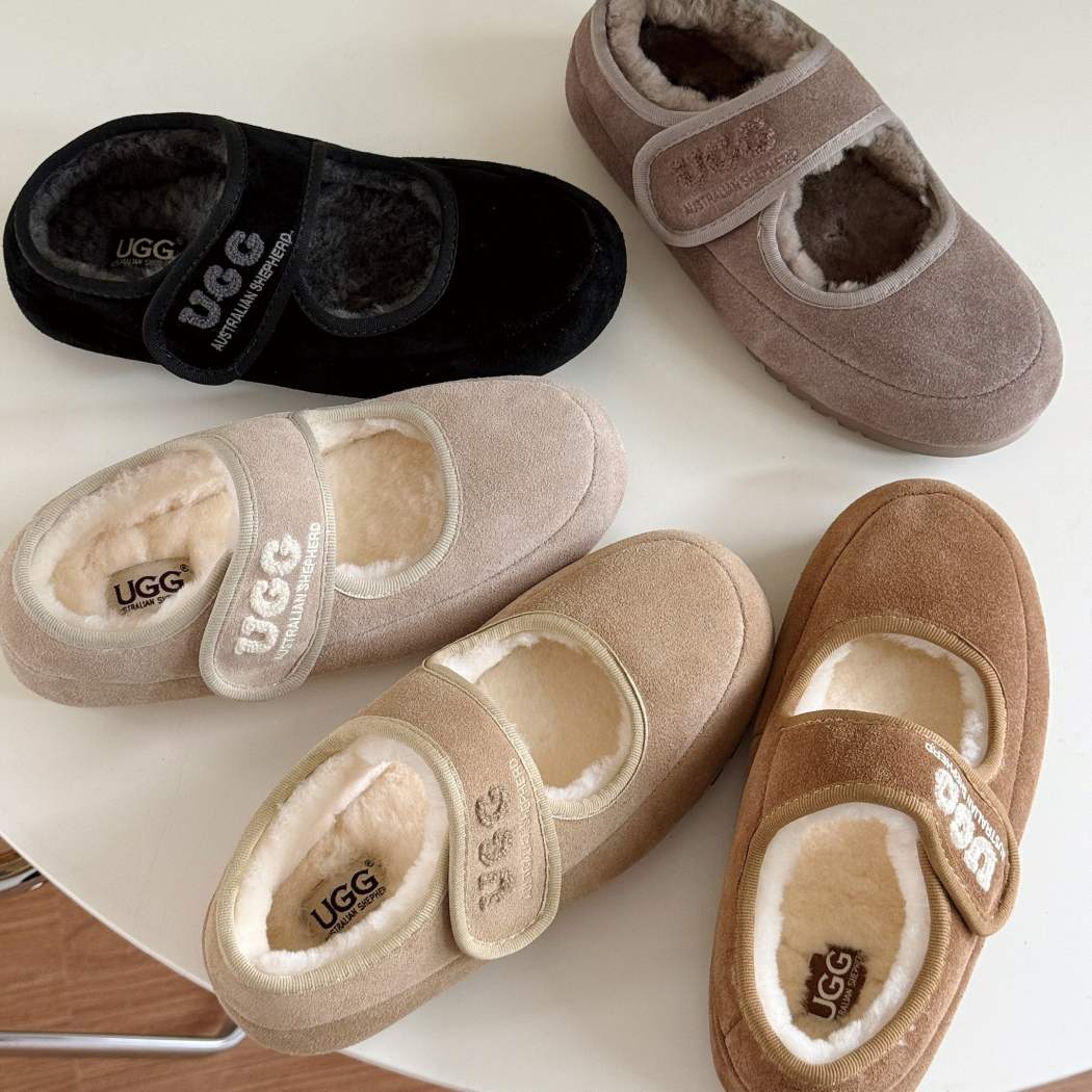 AUSTRALIAN SHEPHERD UGG Sheepskin Wool Mary Jane Slippers Velvi AS 7024 in Beige, Chestnut, Black, Sand, and Brown with premium Australian sheepskin wool lining and an adjustable Mary Jane strap.