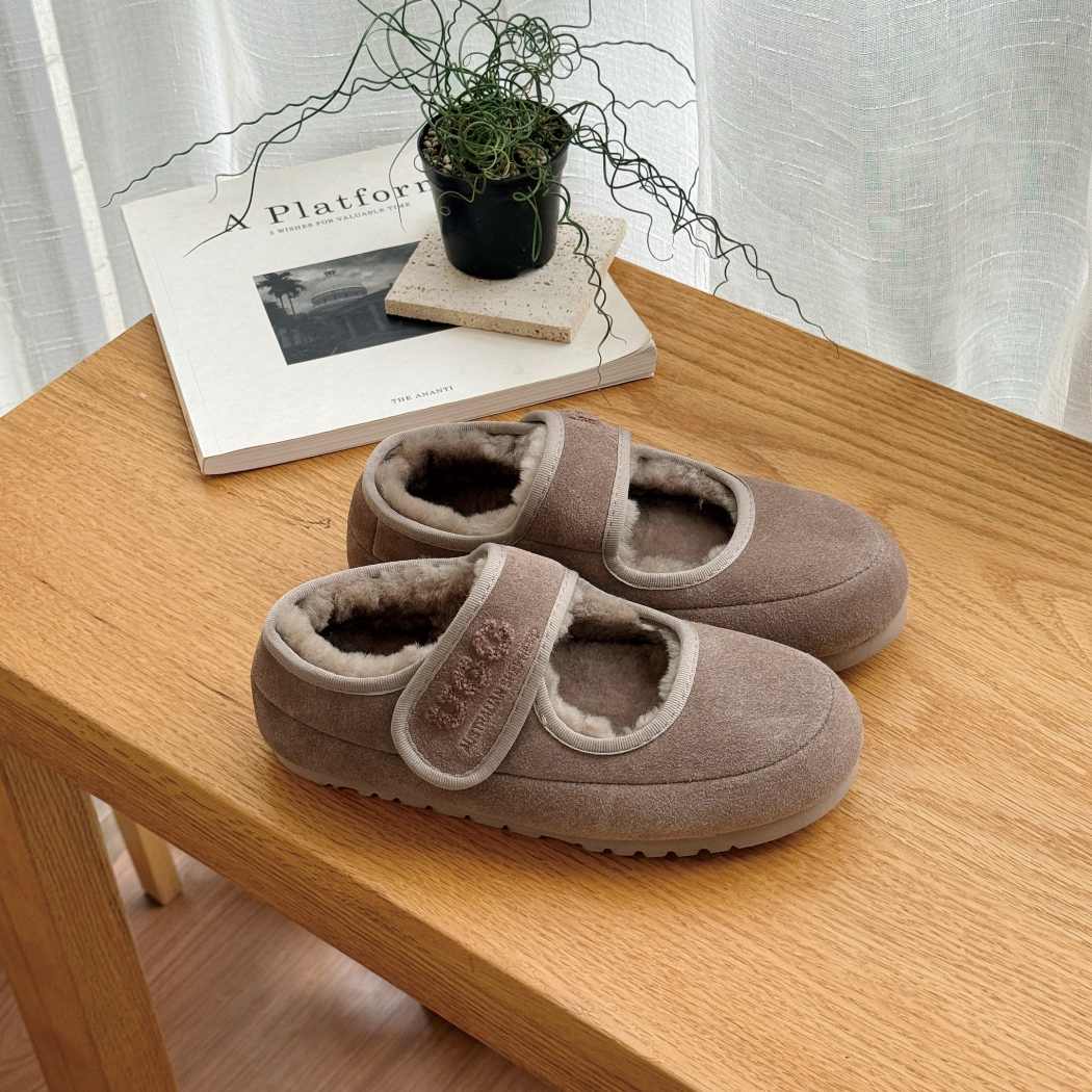Pair of AUSTRALIAN SHEPHERD UGG Sheepskin Wool Mary Jane Slippers Velvi AS 7024 in Sand with premium sheepskin wool lining.
