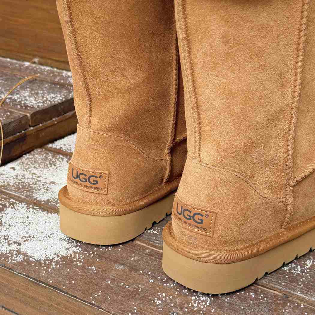 Back view of AUSTRALIAN SHEPHERD UGG Sheepskin Wool Tall Boots Eleny AS 3152 in Chestnut highlighting the premium suede finish and durable outsole.
