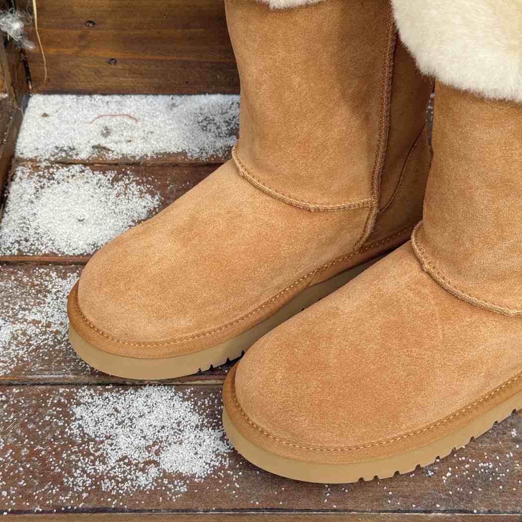 Side view of AUSTRALIAN SHEPHERD UGG Sheepskin Wool Tall Boots Eleny AS 3152 in Chestnut with premium suede upper and plush sheepskin wool lining.