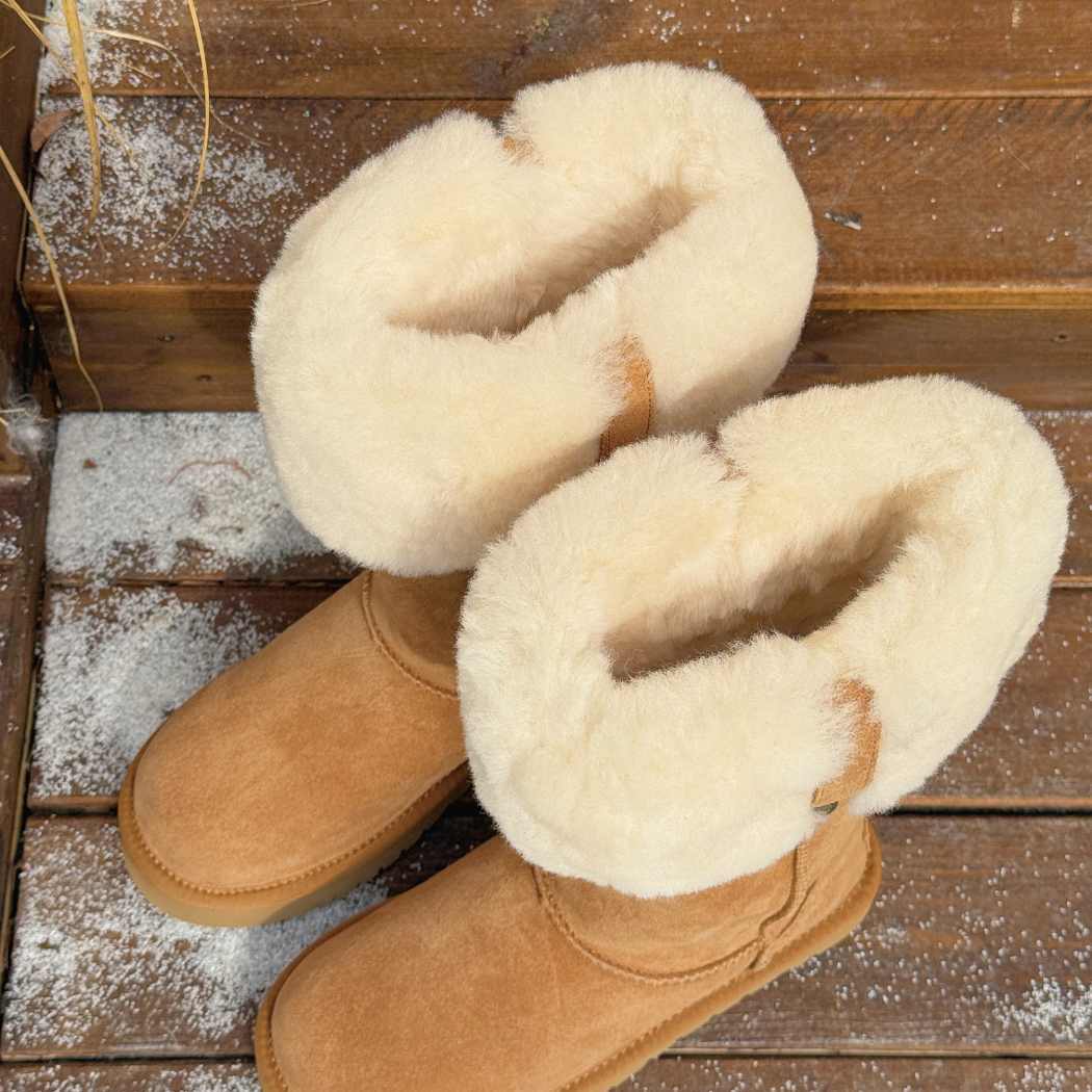 Pair of AUSTRALIAN SHEPHERD UGG Sheepskin Wool Tall Boots Eleny AS 3152 in Chestnut featuring luxurious Australian sheepskin wool and premium suede construction.