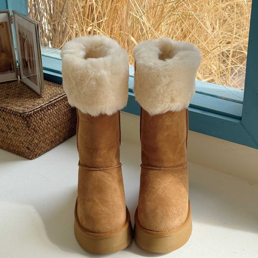 Front view of AUSTRALIAN SHEPHERD UGG Sheepskin Wool Tall Platform Boots Eleny AS 3153 in Chestnut with premium suede upper and cosy wool lining.