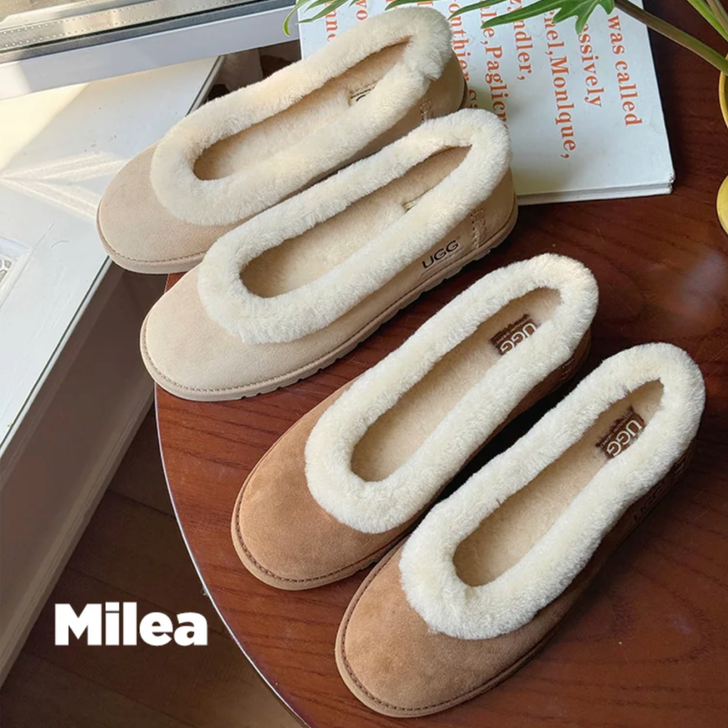 AUSTRALIAN SHEPHERD® UGG Slippers Women Sheepskin Wool Trim Milea AS 7040 in Chestnut and Sand featuring premium cow suede, plush Australian sheepskin wool, and a lightweight EVA sole.