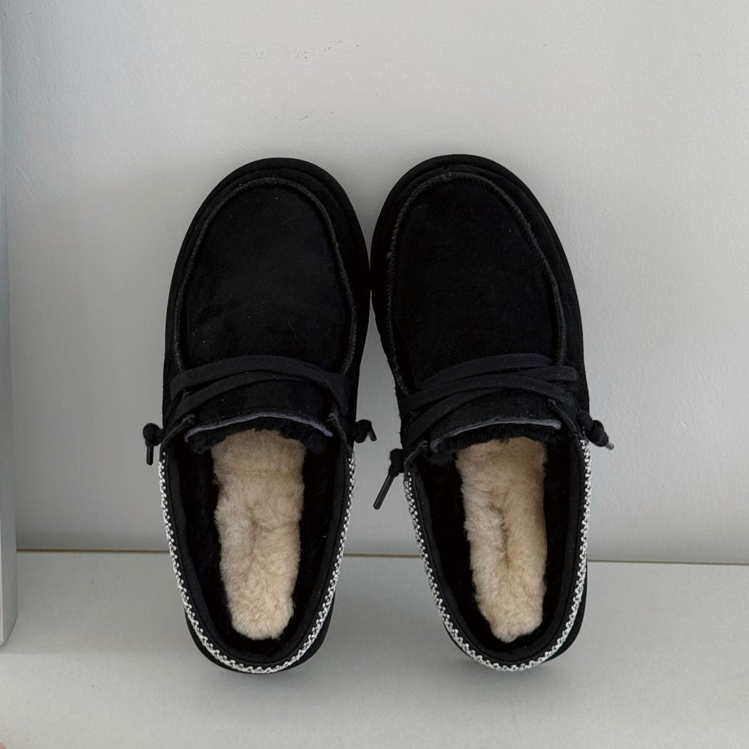 Side profile of Australian Shepherd UGG women's Black platform sheepskin wool mule slippers with lightweight sole.