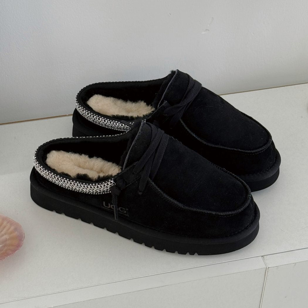 Australian Shepherd UGG women's platform mule slippers in Black with genuine sheepskin wool lining for everyday comfort.