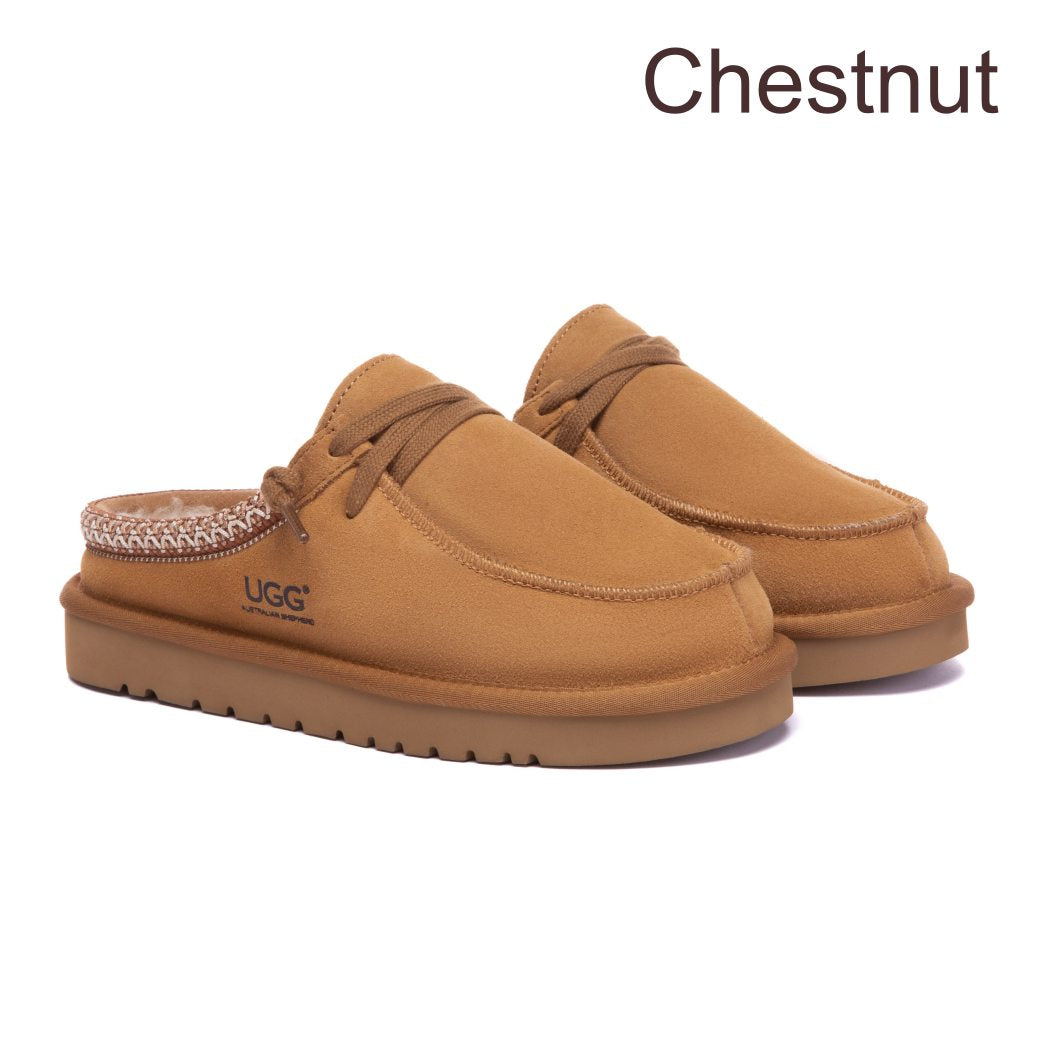 Front view of Australian Shepherd UGG women's platform mule slippers in Chestnut with premium suede upper, genuine Australian sheepskin wool lining, and a lightweight platform sole.
