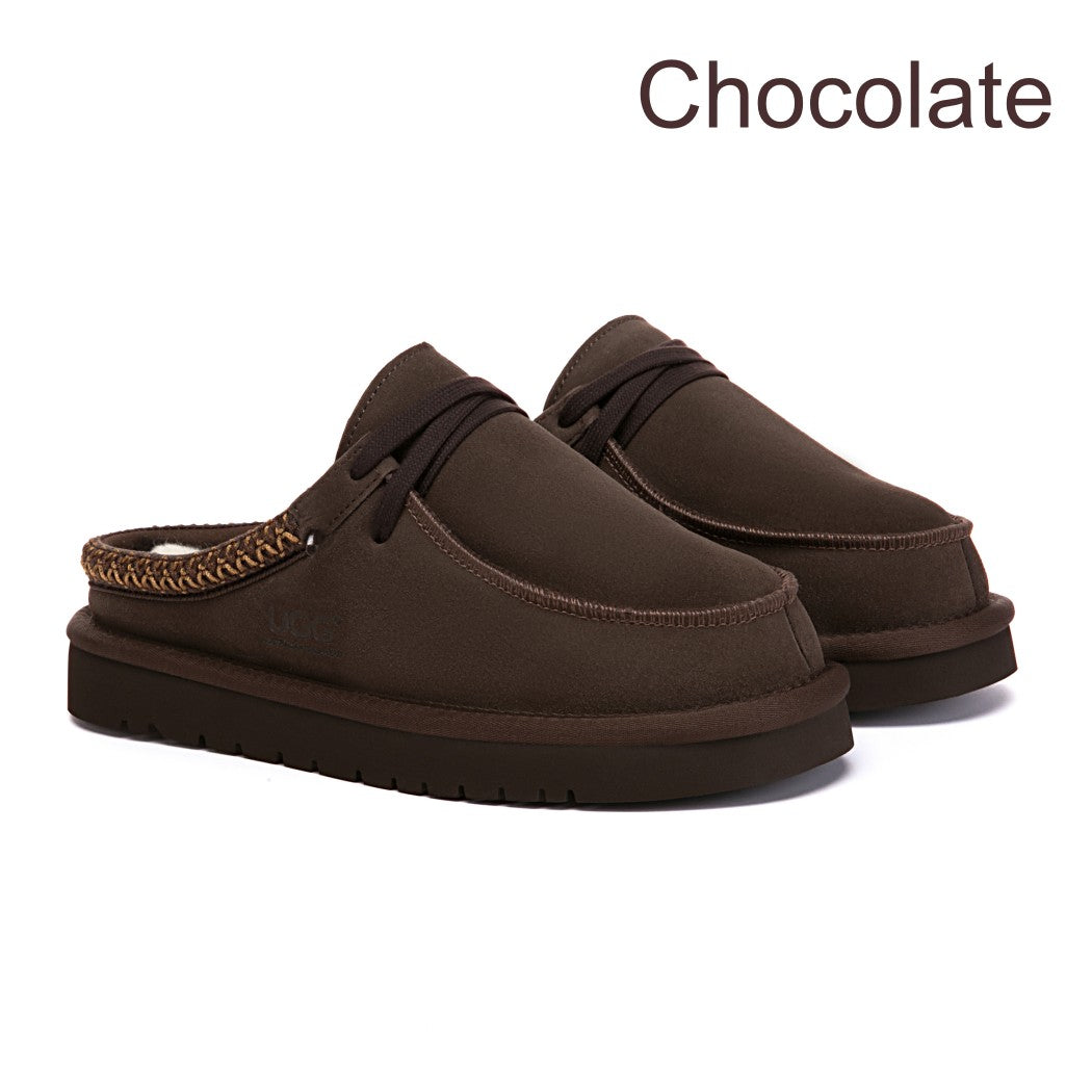 Front view of Australian Shepherd UGG women's platform mule slippers in Chocolate with premium suede upper, genuine Australian sheepskin wool lining, and a lightweight platform sole.