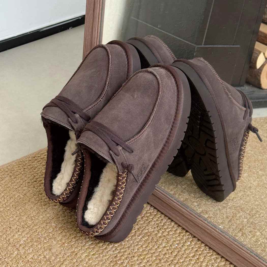 Australian Shepherd UGG women's platform sheepskin wool mule slippers in Chocolate with premium suede and soft Australian wool.