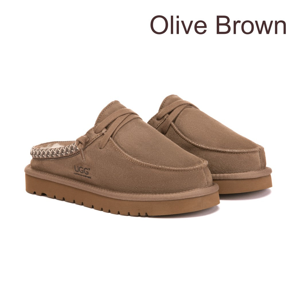 Front view of Australian Shepherd UGG women's platform mule slippers in Olive Brown with premium suede upper, genuine Australian sheepskin wool lining, and a lightweight platform sole.