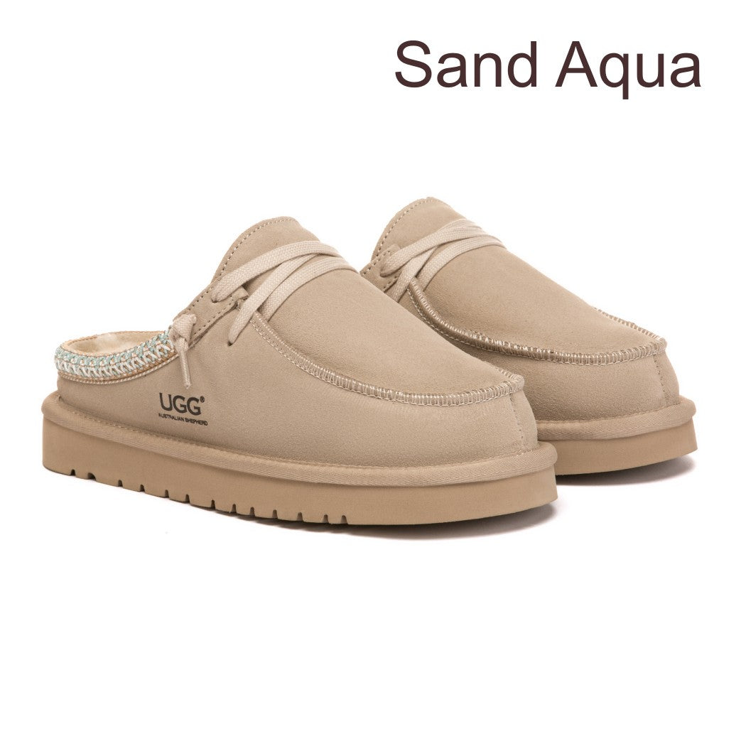 Front view of Australian Shepherd UGG women's platform mule slippers in Sand Aqua with premium suede upper, genuine Australian sheepskin wool lining, and a lightweight platform sole.