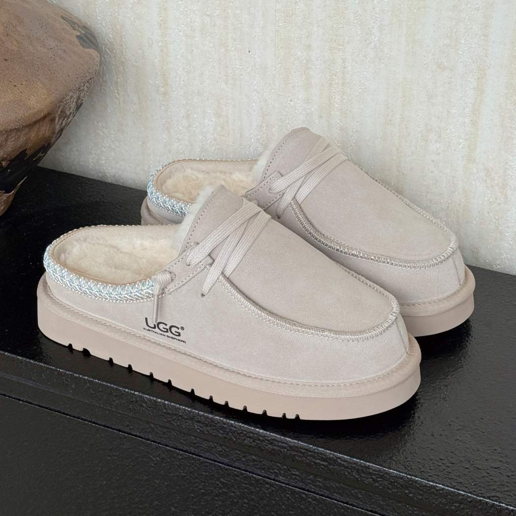 Australian Shepherd UGG women's platform mule slippers in Sand with premium suede upper, genuine Australian sheepskin wool lining, and a lightweight platform sole.