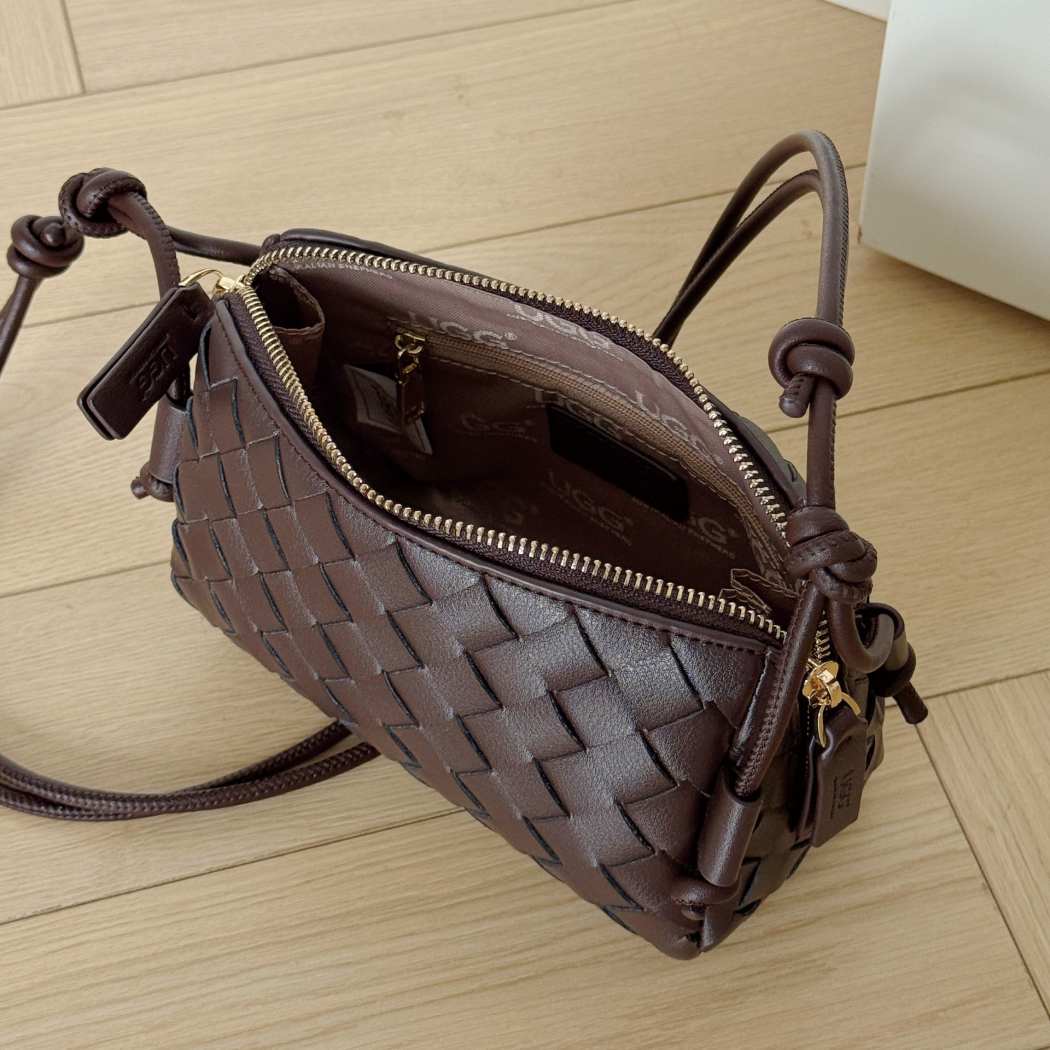 Angled view of AUSTRALIAN SHEPHERD® Wefton Leather Crossbody Bag ASA 075 in Chocolate showcasing the woven leather finish and premium craftsmanship.