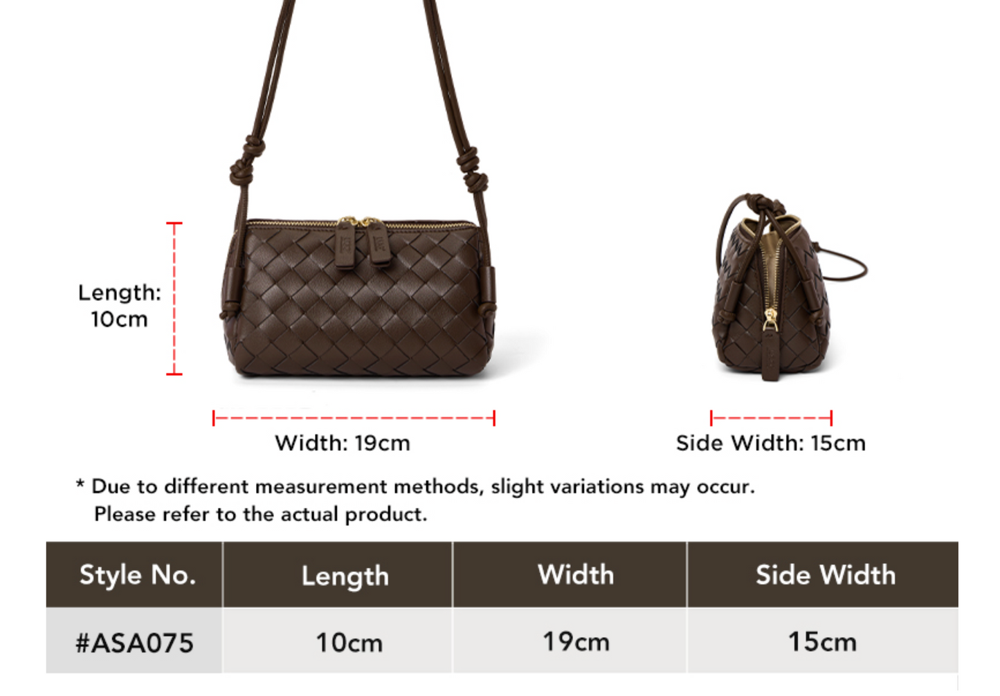Size chart for AUSTRALIAN SHEPHERD® Wefton Leather Crossbody Bag ASA 075 showing product dimensions and specifications.