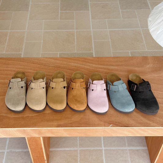 Berrin cow suede adjustable buckle clogs AS 7043 in Chestnut, Beige, Blue Surf, Taupe, Shell Pink, Wheat and Chocolate