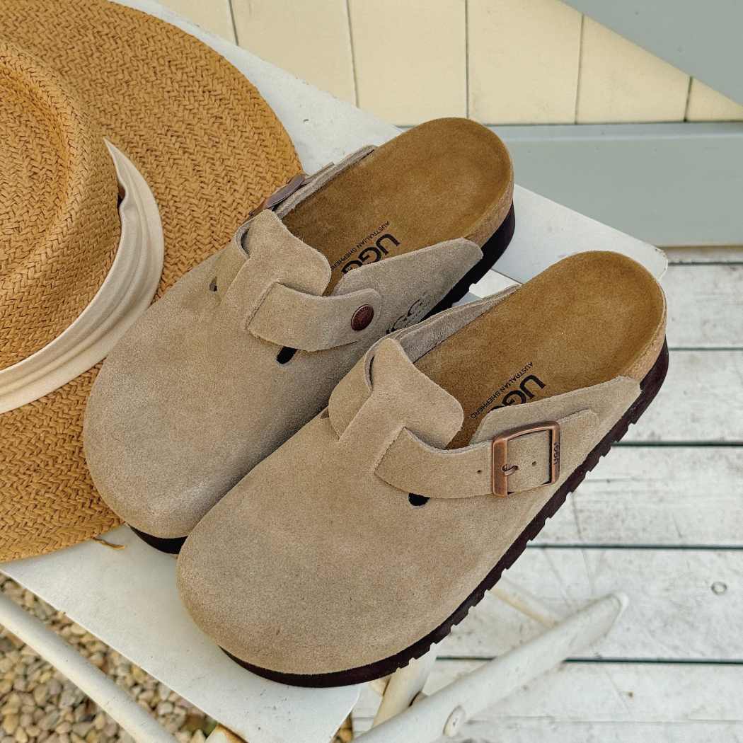 Side profile of Berrin cow suede platform clogs AS 7044 in Beige