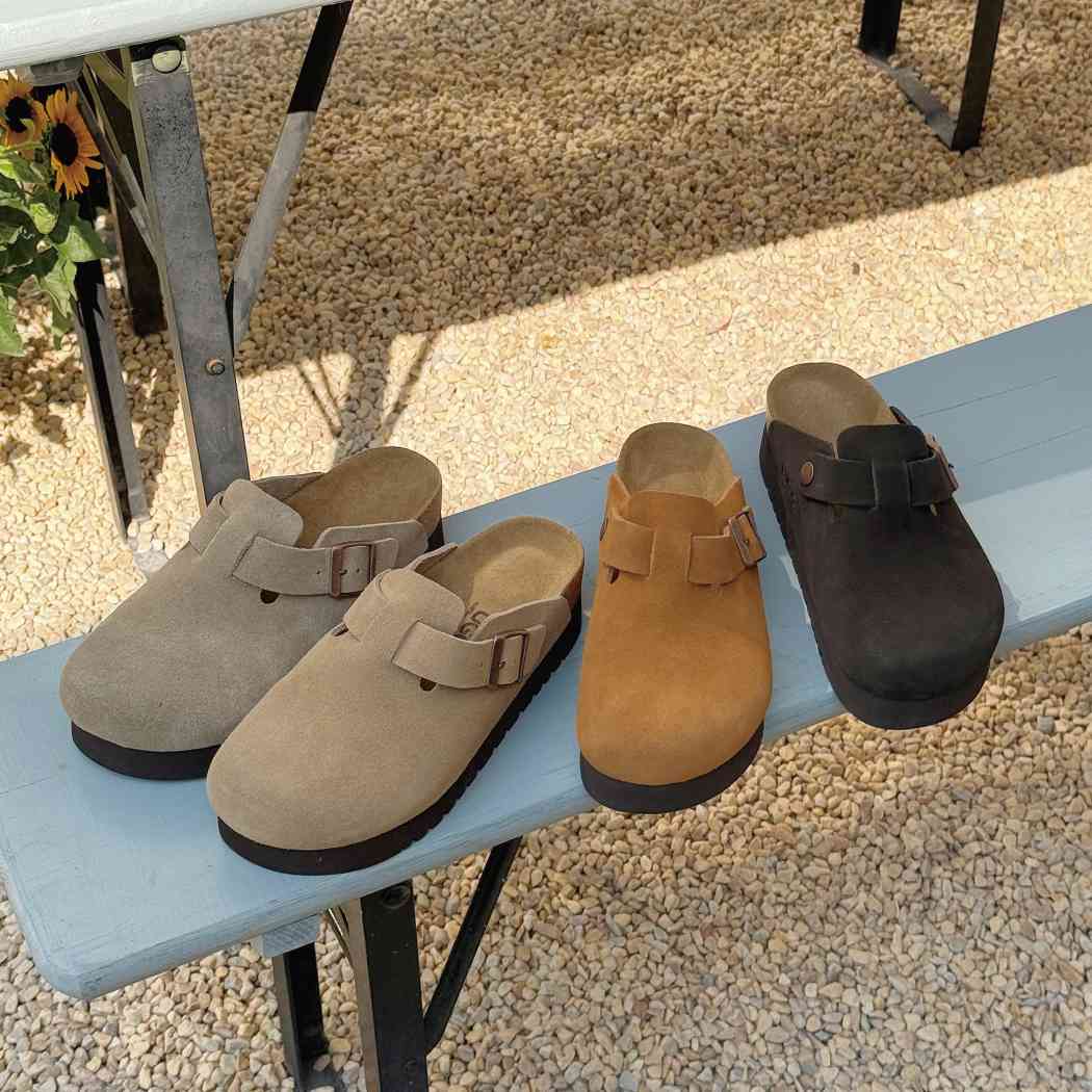 Lifestyle display of Berrin cow suede platform clogs AS 7044