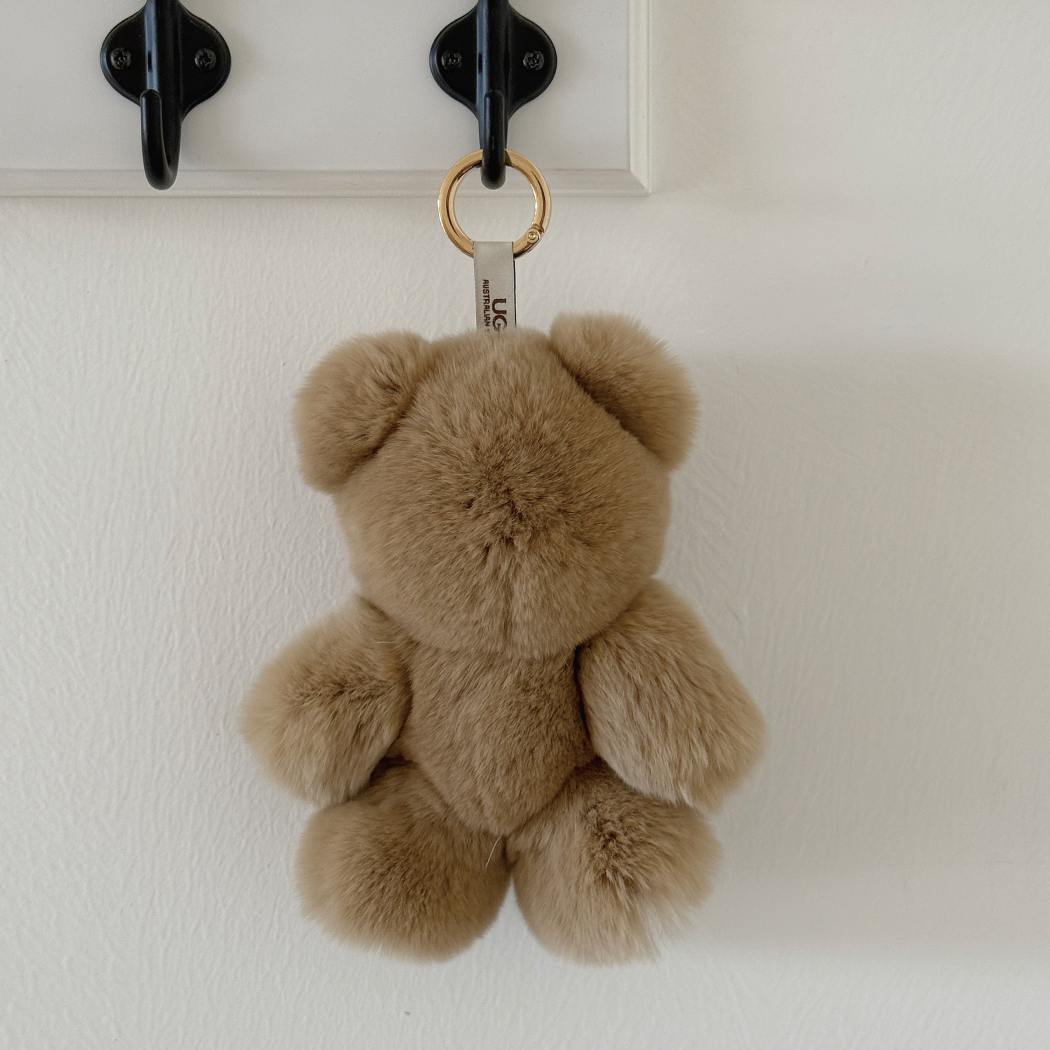 Beige Bubear rabbit fur teddy bear keyring bag charm ASZ 040 hanging on a hook