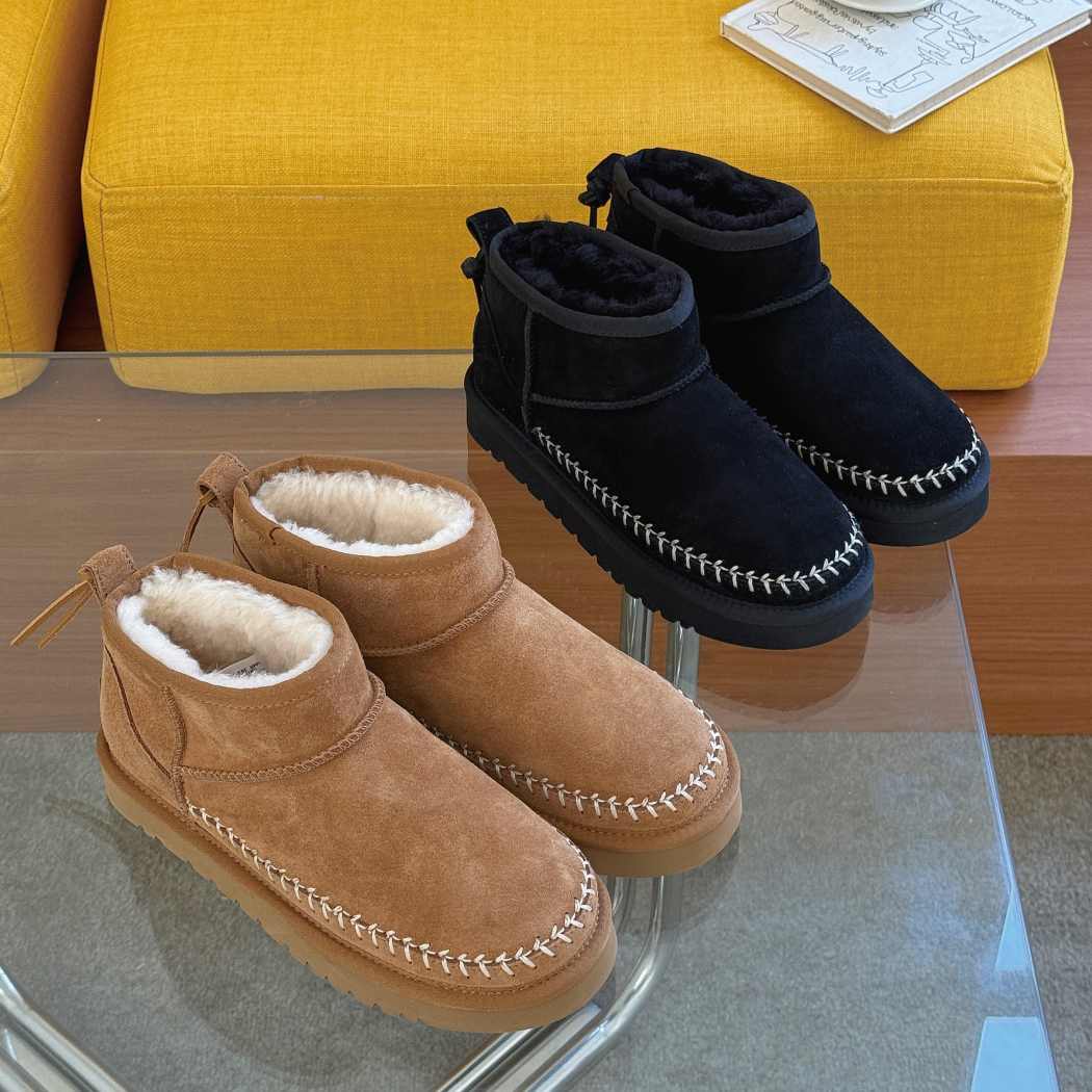 Canlia cow suede sheepskin wool moc toe mini ankle boots AS 3144 in Black and Chestnut