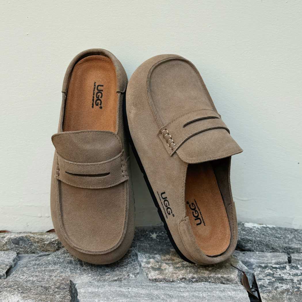 Front three-quarter view of Casten cow suede slip-on loafer mules AS 5023 in Taupe