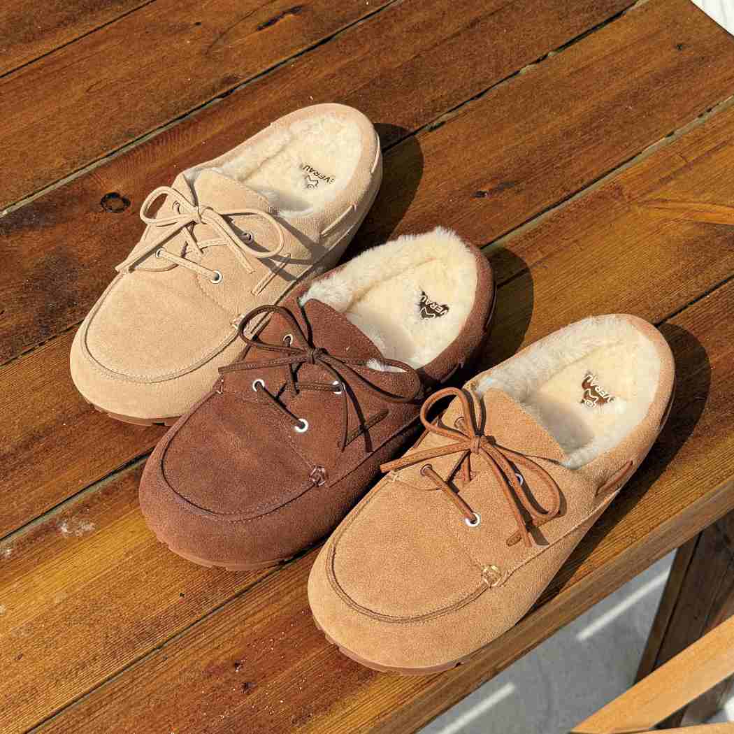 Churna cow suede sheepskin wool clog slippers EA 7092 in Chestnut, Sand and Chocolate