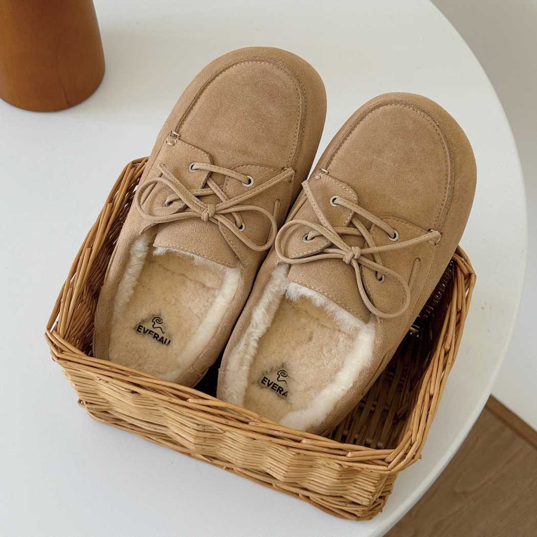 Top view of Churna cow suede sheepskin wool clog slippers EA 7092 in Sand