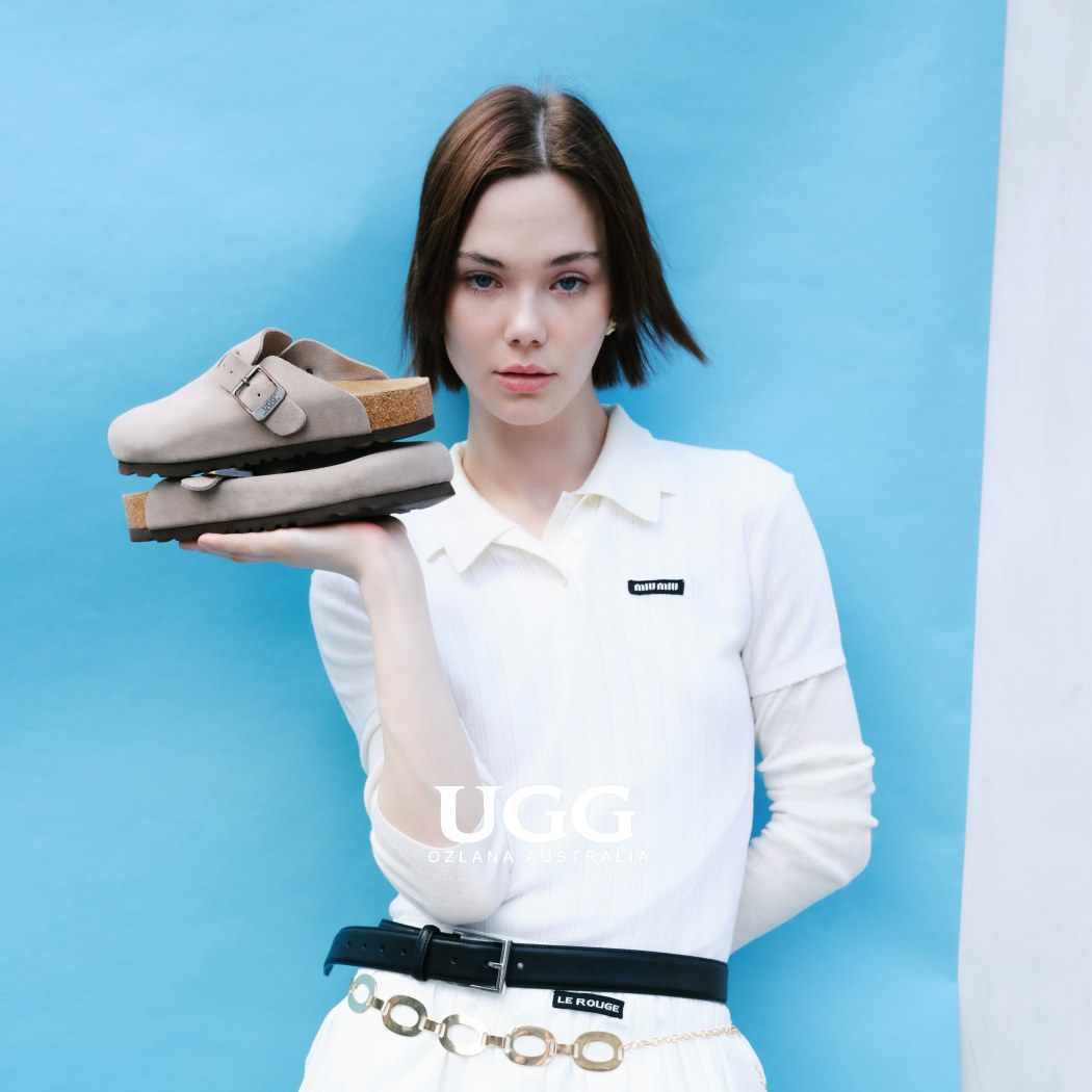 Lifestyle portrait featuring Classic Birken cow suede clogs OZ 7001
