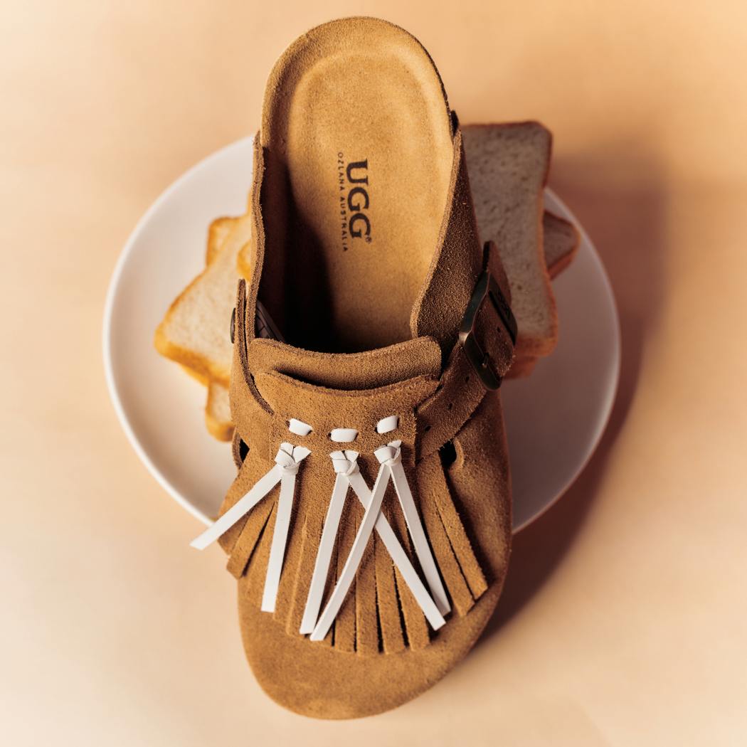 Top view of Classic Birken cow suede clogs with removable tassels OZ 7001