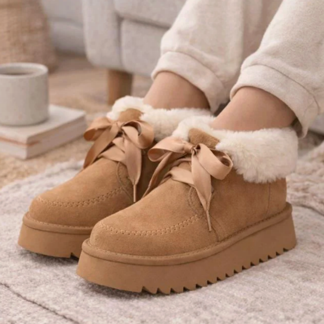 Cozira cow suede sheepskin wool platform ribbon lace boots AS 3129 in Chestnut