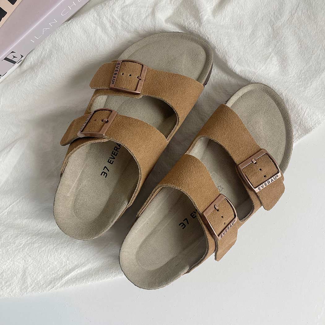 Top view of EVERAU® Adjustable Strap Embossed Slip-on Platform Summer Sandal Slides EA 7056 in Brown with premium cow suede and cork footbed.