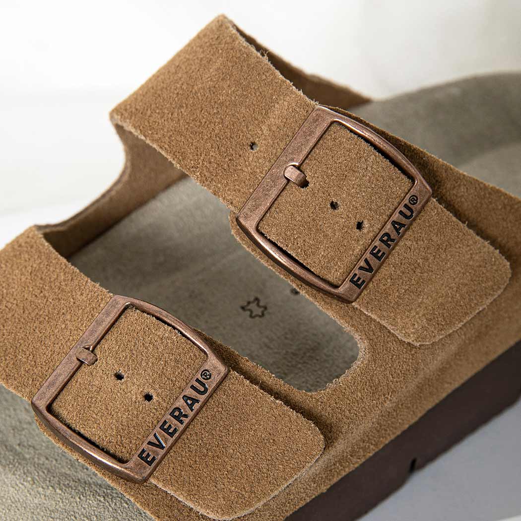 Close-up of EVERAU® Adjustable Strap Embossed Slip-on Platform Summer Sandal Slides EA 7056 highlighting the adjustable embossed buckle straps.