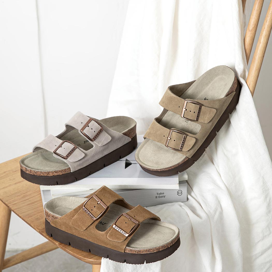 EVERAU® Adjustable Strap Embossed Slip-on Platform Summer Sandal Slides EA 7056 in Grey and Brown featuring adjustable buckle straps, a cork platform footbed, and premium cow suede.