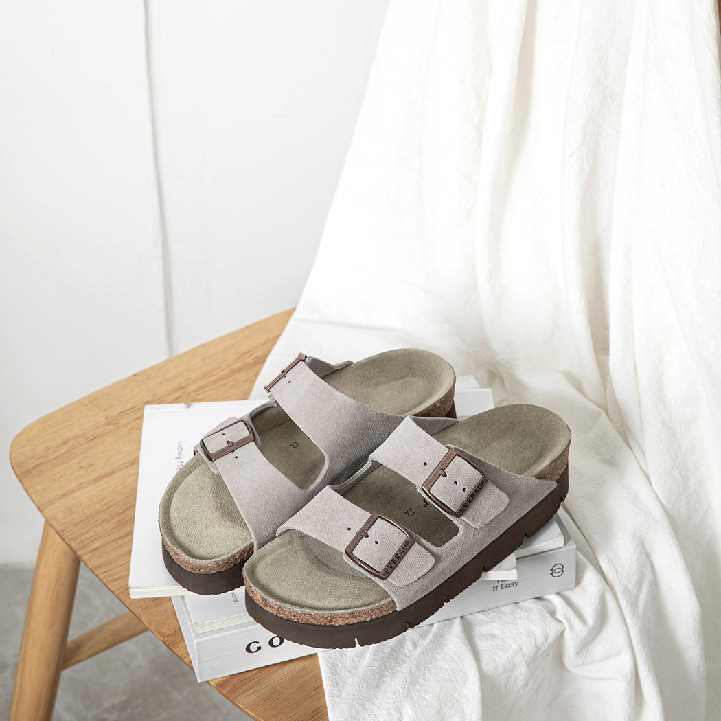 Display view of EVERAU® Adjustable Strap Embossed Slip-on Platform Summer Sandal Slides EA 7056 in Grey highlighting the classic summer slide design.
