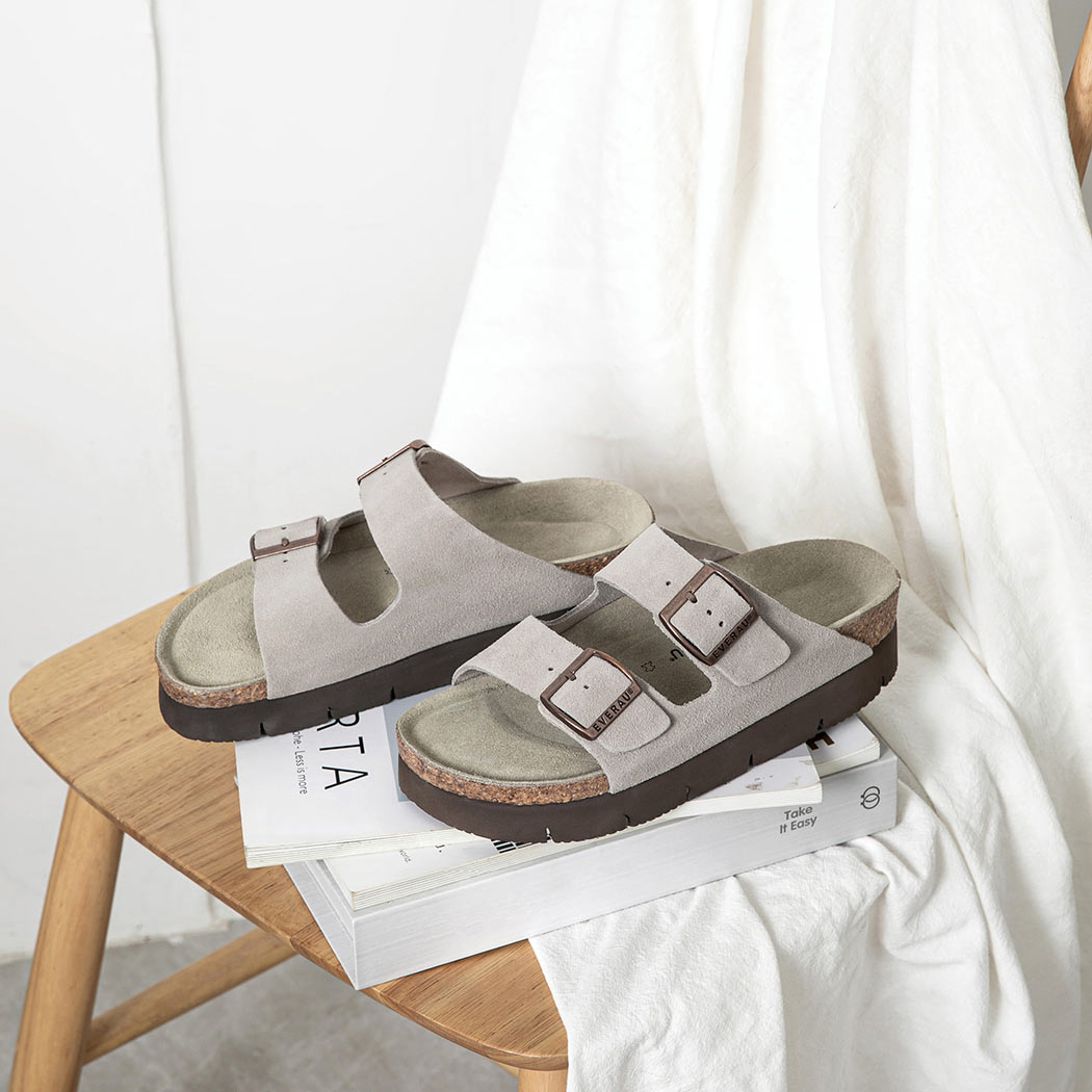 Pair of EVERAU® Adjustable Strap Embossed Slip-on Platform Summer Sandal Slides EA 7056 in Grey with adjustable double buckle straps.