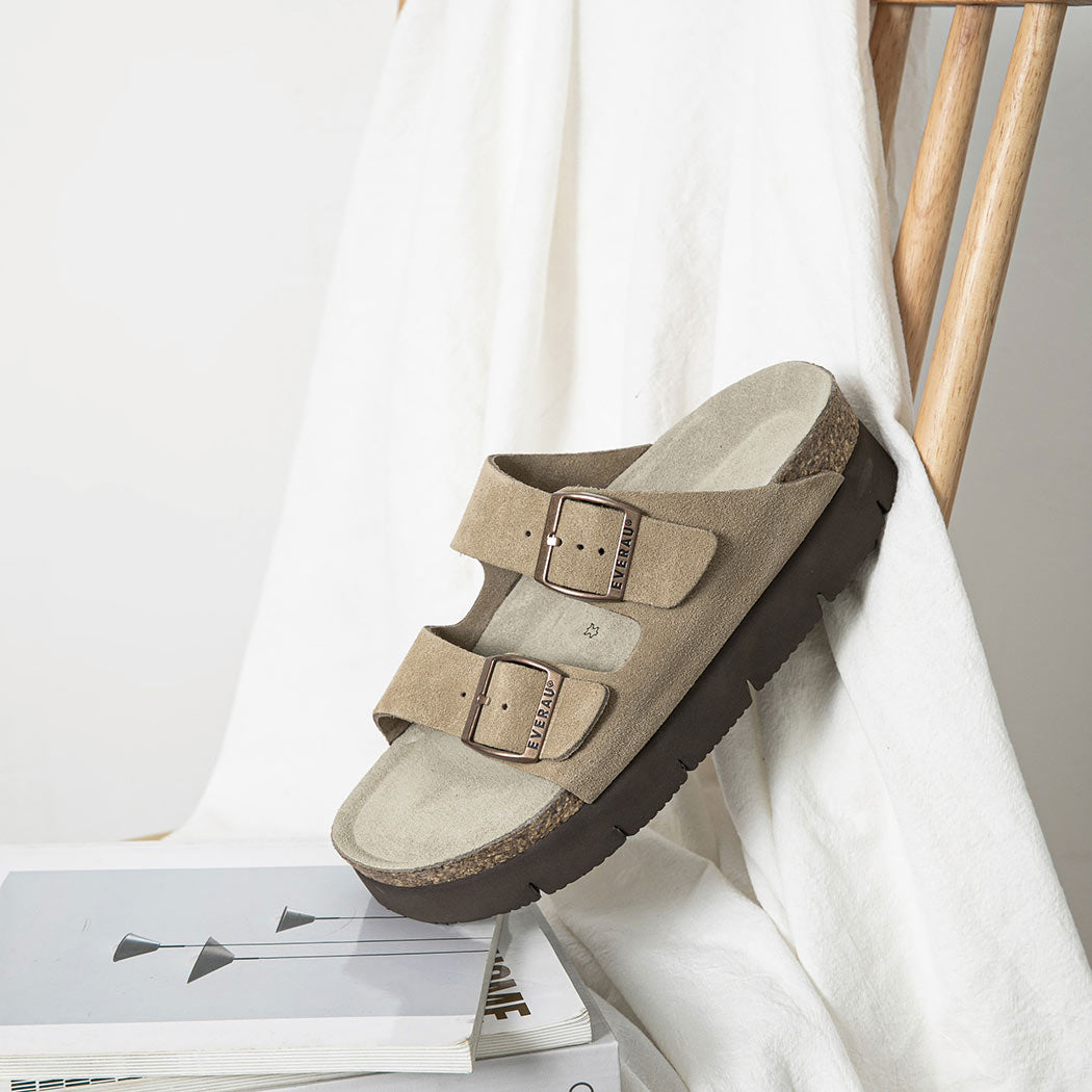 Side view of EVERAU® Adjustable Strap Embossed Slip-on Platform Summer Sandal Slides EA 7056 in Grey featuring adjustable straps and a cushioned cork footbed.