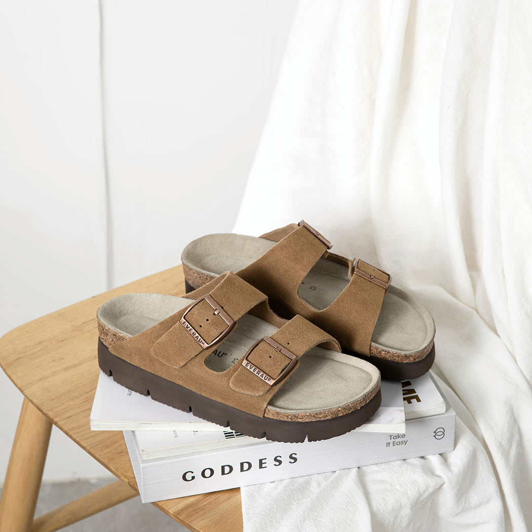 Lifestyle view of EVERAU® Adjustable Strap Embossed Slip-on Platform Summer Sandal Slides EA 7056 showcasing the platform summer sandal design.