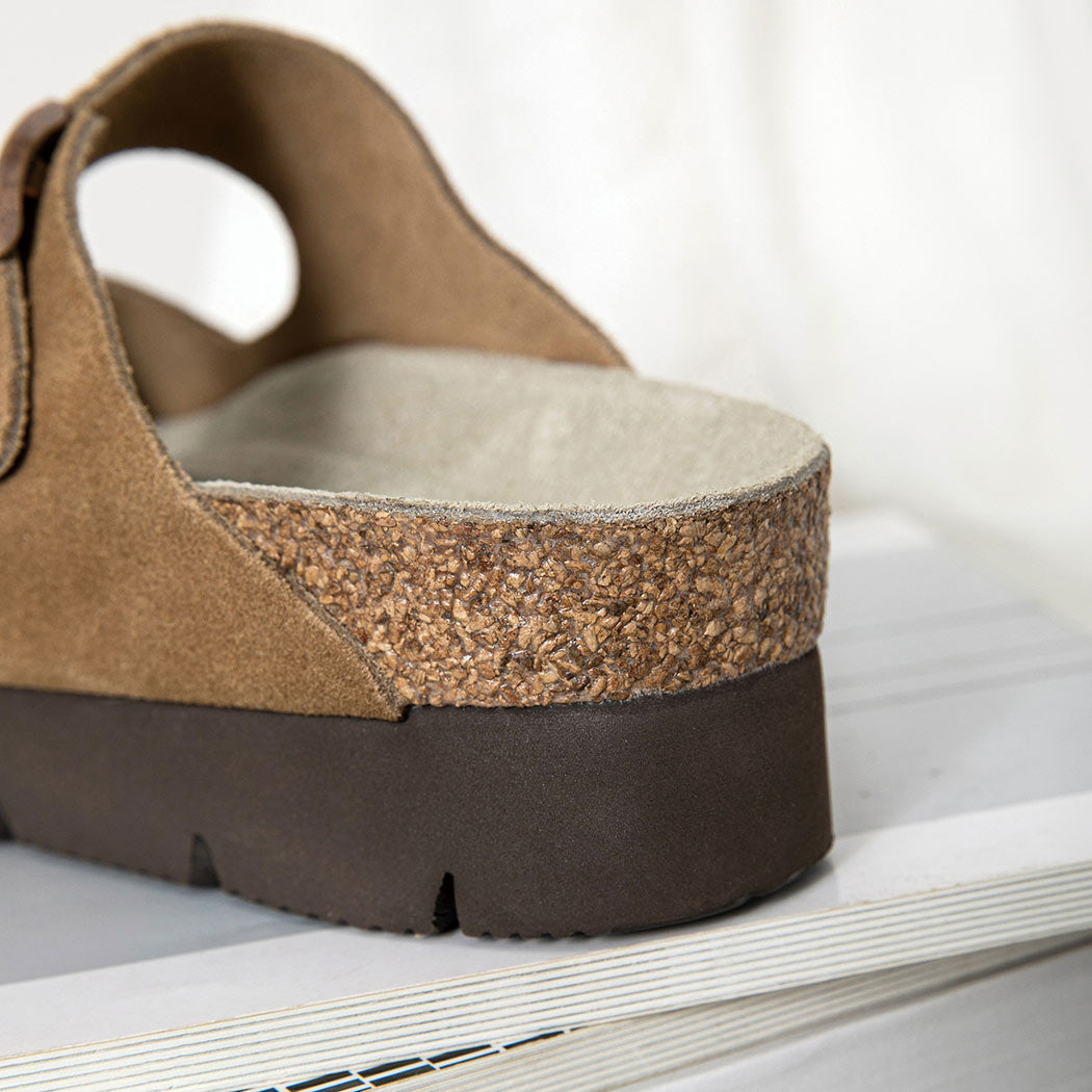 Side profile of EVERAU® Adjustable Strap Embossed Slip-on Platform Summer Sandal Slides EA 7056 showing the cork platform sole and deep heel cup.