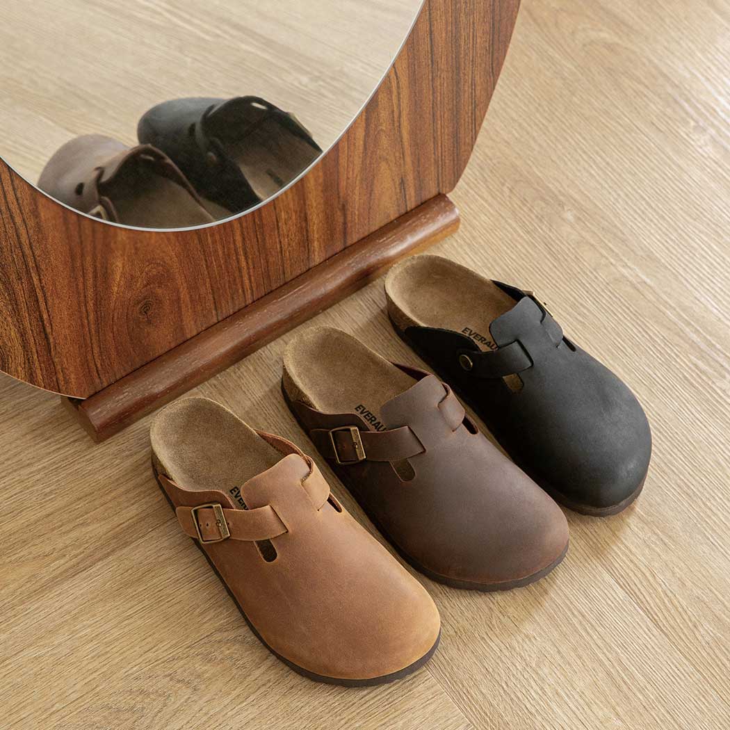 EVERAU Brooklyn Adjustable Buckled Slides Women Leather Slip-On Flat Sandals EA 7058 in Black, Chestnut, and Chocolate featuring premium leather and an adjustable buckle strap.