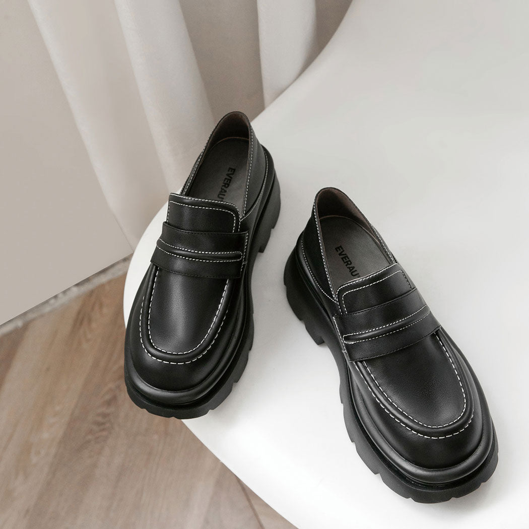 EVERAU® Women Leather Black Platform Chunky Loafers Evanna EA 7067 in Black featuring premium cow leather, white stitching, and a chunky platform sole.